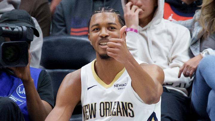 Jan 13, 2026; New Orleans, Louisiana, USA; New Orleans Pelicans forward Trey Murphy III (25) reacts against the Denver Nuggets during the first half at Smoothie King Center. Mandatory Credit: Matthew Hinton-Imagn Images