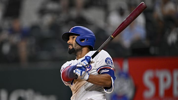 Aug 4, 2025; Arlington, Texas, USA; Texas Rangers second baseman Marcus Semien (2) in action during the game between the Texas Rangers and the New York Yankees at Globe Life Field. 