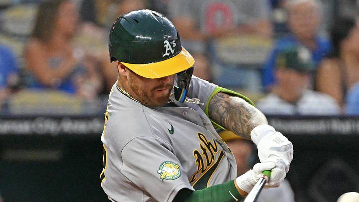 Aug 17, 2026; Kansas City, Missouri, USA; Athletics third baseman Tommy White (47) hits a solo home run in the fifth inning against the Kansas City Royals at Kauffman Stadium. Mandatory Credit: Peter Aiken-Imagn Images Aug 17, 2026; Kansas City, Missouri, USA; Athletics third baseman Tommy White (47) hits a solo home run in the fifth inning against the Kansas City Royals at Kauffman Stadium. Mandatory Credit: Peter Aiken-Imagn Images