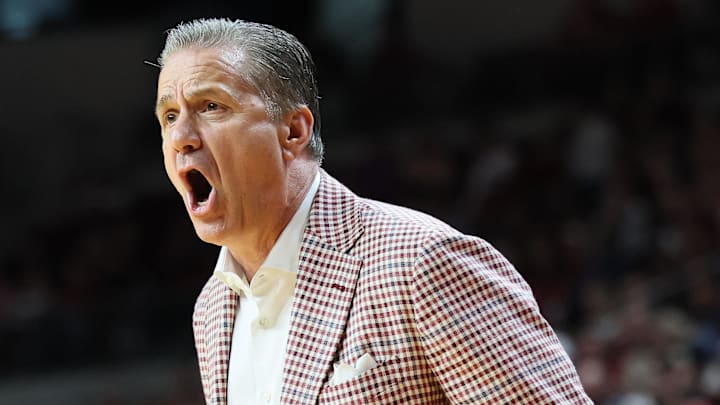 Arkansas Razorbacks coach John Calipari reacts during the first half against the Fresno State Bulldogs at Simmons Bank Arena. in North Little Rock, Ark. Arkansas Razorbacks coach John Calipari reacts during the first half against the Fresno State Bulldogs at Simmons Bank Arena. in North Little Rock, Ark.