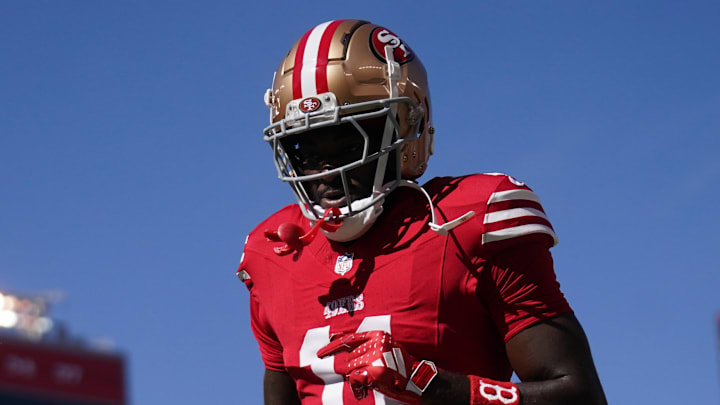 Oct 20, 2024; Santa Clara, California, USA; San Francisco 49ers wide receiver Brandon Aiyuk (11) walks on the field before the start of the game against the Kansas City Chiefs at Levi's Stadium. Mandatory Credit: Cary Edmondson-Imagn Images