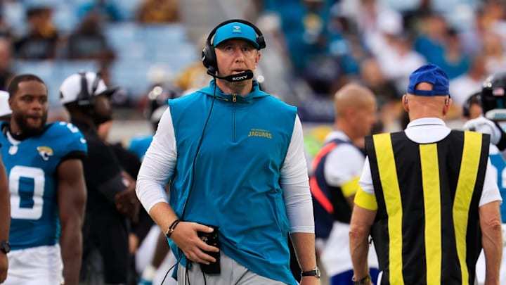 Jacksonville Jaguars head coach Liam Coen walks on the sideline during the first quarter of an NFL preseason matchup at EverBank Stadium, Saturday, Aug. 9, 2025 in Jacksonville, Fla. [Corey Perrine/Florida Times-Union]