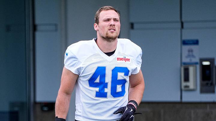 Detroit Lions linebacker Jack Campbell (46) before OTAs at Meijer Performance Center in Allen Park on Thursday, June 11, 2026.