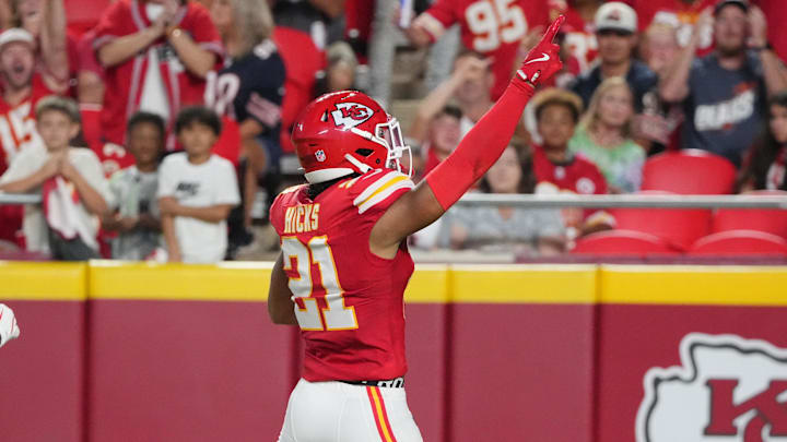 Aug 22, 2024; Kansas City, Missouri, USA; Kansas City Chiefs safety Jaden Hicks (21) celebrates against the Chicago Bears after recovering a fumble during the first half at GEHA Field at Arrowhead Stadium. Mandatory Credit: Denny Medley-Imagn Images Aug 22, 2024; Kansas City, Missouri, USA; Kansas City Chiefs safety Jaden Hicks (21) celebrates against the Chicago Bears after recovering a fumble during the first half at GEHA Field at Arrowhead Stadium. Mandatory Credit: Denny Medley-Imagn Images