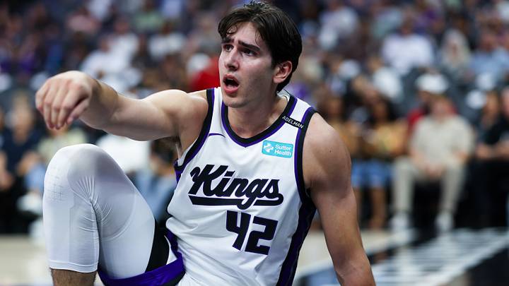 Oct 5, 2026; Sacramento, California, USA;  Sacramento Kings center Maxime Raynaud (42) gets off the floor after a play during the first quarter against the Los Angeles Lakers at Golden 1 Center.  Mandatory Credit: Sergio Estrada-Imagn Images