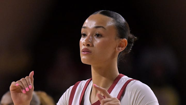 Jan 29, 2026; Los Angeles, California, USA;  USC Trojans guard Jazzy Davidson (9) warms up prior to the game against the Iowa Hawkeyes at Galen Center. Mandatory Credit: Jayne Kamin-Oncea-Imagn Images