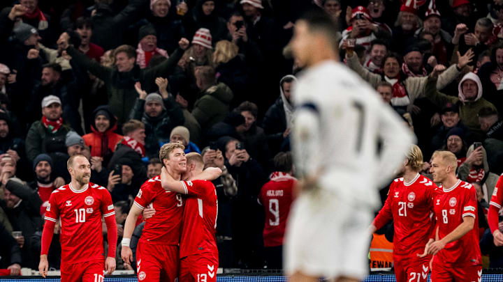Rasmus Højlund (left center) scored the winner for Denmark off the bench.