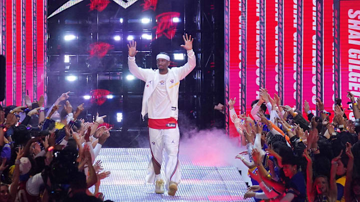Feb 16, 2025; San Francisco, CA, USA; Chuckís Global Stars guard Shai Gilgeous-Alexander (2) of the Oklahoma City Thunder during introductions before the 2025 NBA All Star Game at Chase Center. Mandatory Credit: Cary Edmondson-Imagn Images