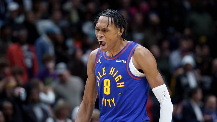 Jan 13, 2026; New Orleans, Louisiana, USA; Denver Nuggets guard Peyton Watson (8) reacts to making a basket against the New Orleans Pelicans during the fourth quarter at Smoothie King Center. Jan 13, 2026; New Orleans, Louisiana, USA; Denver Nuggets guard Peyton Watson (8) reacts to making a basket against the New Orleans Pelicans during the fourth quarter at Smoothie King Center.