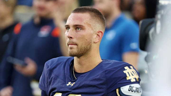 Sep 13, 2025; South Bend, Indiana, USA; Notre Dame Fighting Irish quarterback CJ Carr (13) looks on during the first half against the Texas A&M Aggies at Notre Dame Stadium. Sep 13, 2025; South Bend, Indiana, USA; Notre Dame Fighting Irish quarterback CJ Carr (13) looks on during the first half against the Texas A&M Aggies at Notre Dame Stadium.