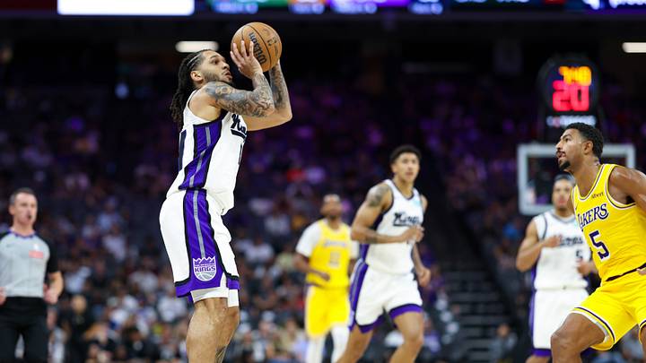 Oct 5, 2026; Sacramento, California, USA; Sacramento Kings guard Emanuel Sharp (34) shoots the ball during the third quarter against the Los Angeles Lakers at Golden 1 Center. Mandatory Credit: Sergio Estrada-Imagn Images Oct 5, 2026; Sacramento, California, USA; Sacramento Kings guard Emanuel Sharp (34) shoots the ball during the third quarter against the Los Angeles Lakers at Golden 1 Center. Mandatory Credit: Sergio Estrada-Imagn Images