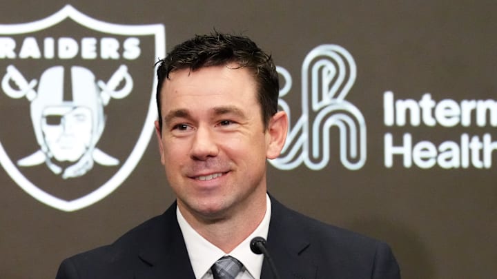 Feb 10, 2026; Henderson, NV, USA; Las Vegas Raiders coach Klint Kubiak speaks at introductory press conference at Intermountain Health Performance Center. Mandatory Credit: Kirby Lee-Imagn Images