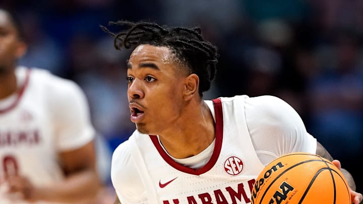 Alabama guard Labaron Philon (0) runs the ball up the court against Kentucky during the second half of a Southeastern Conference tournament quarterfinal game at Bridgestone Arena in Nashville, Tenn., Friday, March 14, 2025. Alabama guard Labaron Philon (0) runs the ball up the court against Kentucky during the second half of a Southeastern Conference tournament quarterfinal game at Bridgestone Arena in Nashville, Tenn., Friday, March 14, 2025.