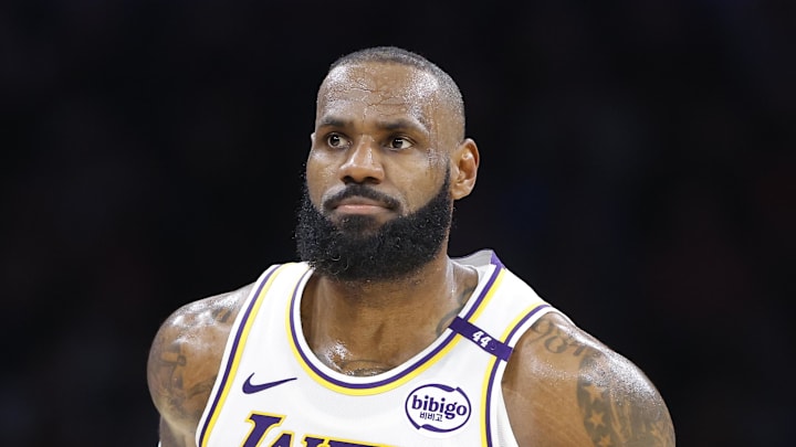 Apr 6, 2025; Oklahoma City, Oklahoma, USA;Los Angeles Lakers forward LeBron James (23) reacts after scoring against the Oklahoma City Thunder during the second half at Paycom Center. Mandatory Credit: Alonzo Adams-Imagn Images