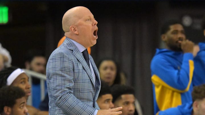 Jan 24, 2026; Los Angeles, California, USA;  UCLA Bruins head coach Mick Cronin reacts during a play in the second half against the Northwestern Wildcats at Pauley Pavilion presented by Wescom Financial. Mandatory Credit: Jayne Kamin-Oncea-Imagn Images