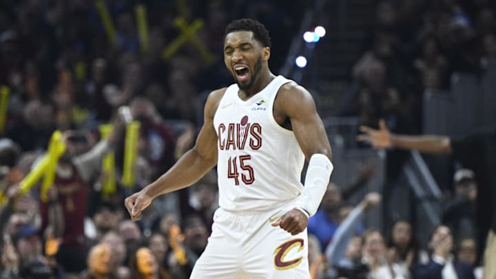 Apr 8, 2026; Cleveland, Ohio, USA; Cleveland Cavaliers guard Donovan Mitchell (45) celebrates in the third quarter against the Atlanta Hawks at Rocket Arena. Mandatory Credit: David Richard-Imagn Images