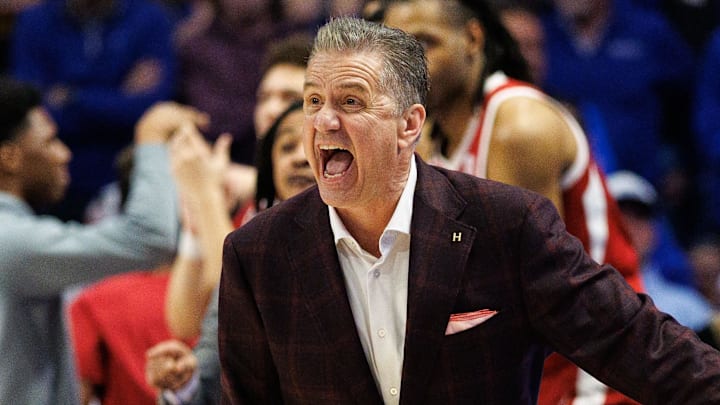 Arkansas Razorbacks coach John Calipari yells to his players during the second half against the Kentucky Wildcats at Rupp Arena at Central Bank Center.