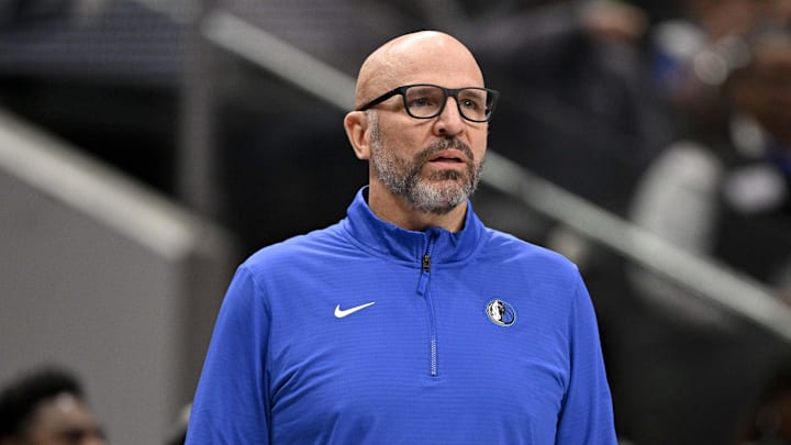 Jan 12, 2025; Dallas, Texas, USA; Dallas Mavericks head coach Jason Kidd looks on during the first quarter at against the Denver Nuggets the American Airlines Center. Mandatory Credit: Jerome Miron-Imagn Images