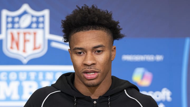 South Carolina defensive back Brandon Cisse speaks to members of the media during the 2026 NFL Combine