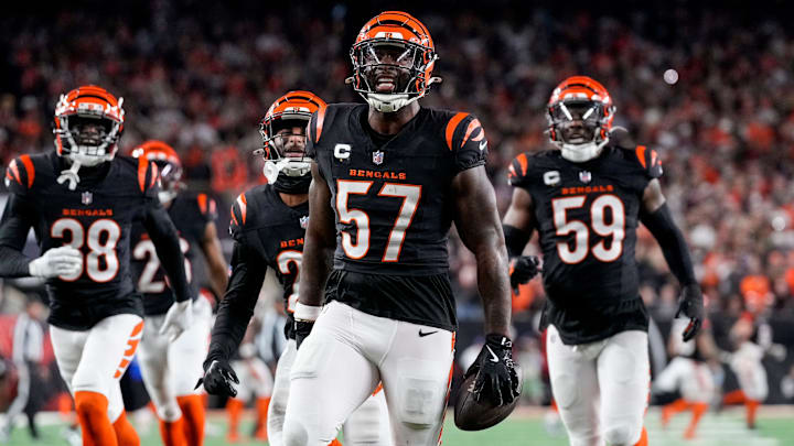 Cincinnati Bengals linebacker Germaine Pratt (57) celebrates an interception in the fourth quarter of the NFL Week 17 game between the Cincinnati Bengals and the Denver Broncos at Paycor Stadium in downtown Cincinnati on Saturday, Dec. 28, 2024. The Bengals took a 30-24 win in overtime to remain in the post season chase.