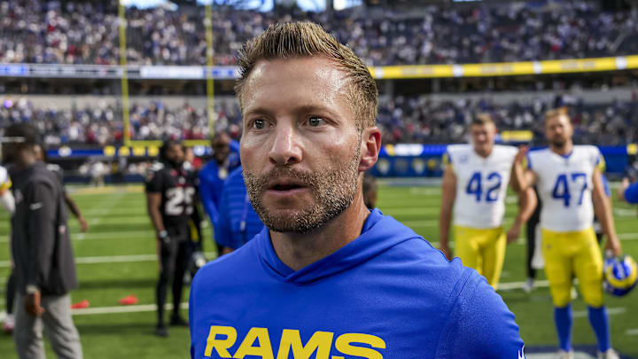 Sep 7, 2025; Inglewood, California, USA; Los Angeles Rams coach Sean McVay after winning the game against Houston Texans at SoFi Stadium. Mandatory Credit: Kirby Lee-Imagn Images