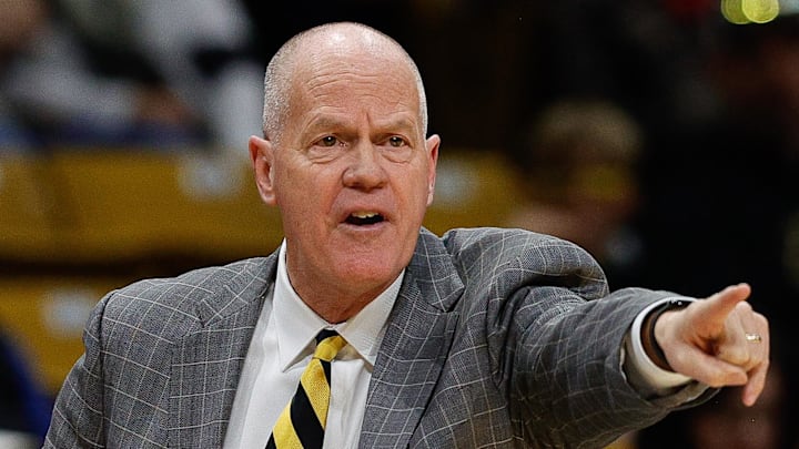Feb 8, 2025; Boulder, Colorado, USA; Colorado Buffaloes head coach Tad Boyle gestures in the first half against the Houston Cougars at CU Events Center.