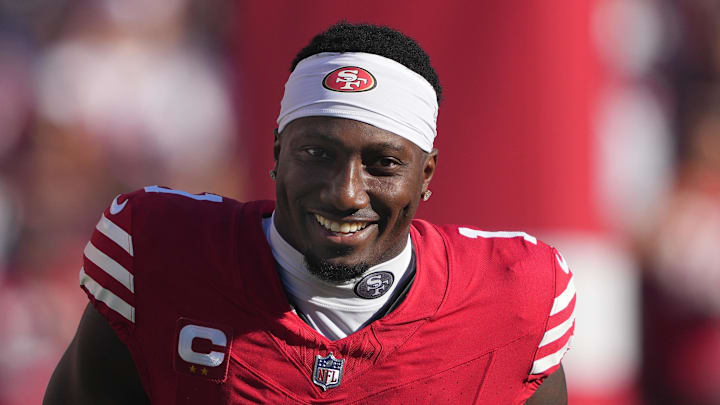 Sep 9, 2024; Santa Clara, California, USA; San Francisco 49ers wide receiver Deebo Samuel Sr. (1) is introduced before the game against the New York Jets at Levi's Stadium. Mandatory Credit: Darren Yamashita-Imagn Images