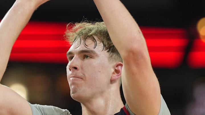 Apr 3, 2026; Indianapolis, IN, USA; Arizona Wildcats center Motiejus Krivas (13) during a practice session ahead of the Final Four of the men's 2026 NCAA Tournament at Lucas Oil Stadium. Mandatory Credit: Robert Deutsch-Imagn Images