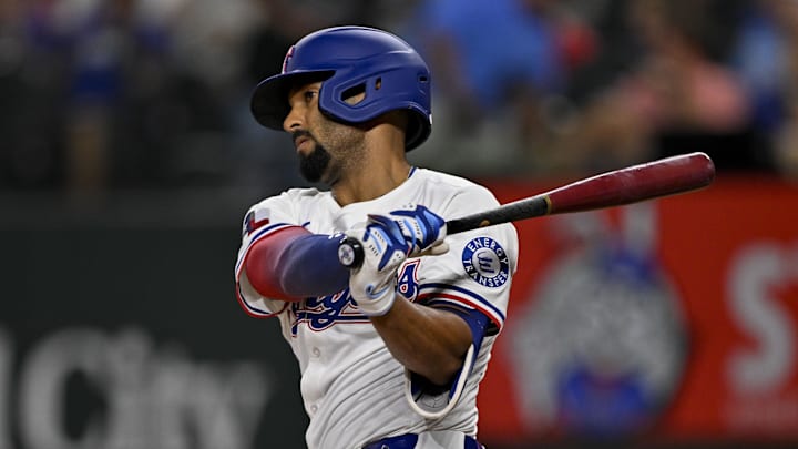 Texas Rangers second baseman Marcus Semien (2) bats during the game between the Texas Rangers and the Arizona Diamondbacks at Globe Life Field. Texas Rangers second baseman Marcus Semien (2) bats during the game between the Texas Rangers and the Arizona Diamondbacks at Globe Life Field.