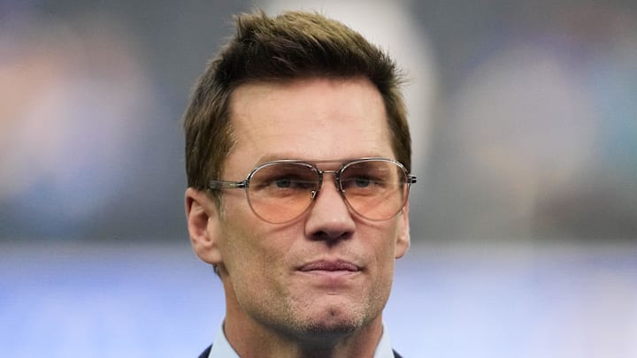 Dec 14, 2025; Inglewood, California, USA; Fox broadcaster Tom Brady is seen prior to the game between the Detroit Lions and the Los Angeles Rams at SoFi Stadium. Mandatory Credit: Kirby Lee-Imagn Images