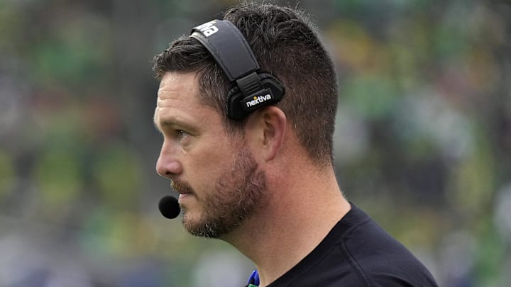 Oct 21, 2023; Eugene, Oregon, USA; Oregon Ducks head coach Dan Lanning looks onto the field during the second half against the Washington State Cougars at Autzen Stadium. Mandatory Credit: Soobum Im-Imagn Images