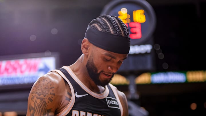 Atlanta Hawks guard Nickeil Alexander-Walker reacts after a basket against the Detroit Pistons in the fourth quarter at State Farm Arena