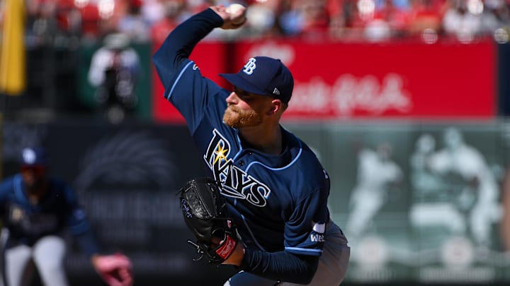 Mar 26, 2026; St. Louis, Missouri, USA; Tampa Bay Rays starting pitcher Drew Rasmussen (57) pitches against the St. Louis Cardinals during the first inning at Busch Stadium.