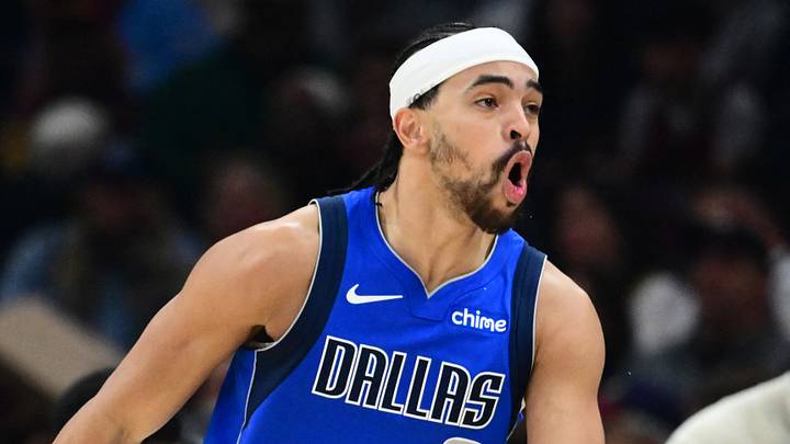 Dallas Mavericks guard Ryan Nembhard (9) celebrates after hitting a three point basket against the Cleveland Cavaliers during the second half at Rocket Arena on Mar 15, 2026.