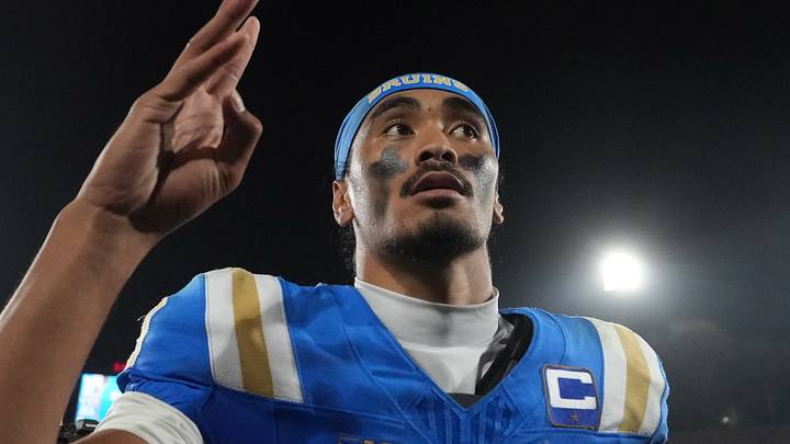 Sep 19, 2026; Pasadena, California, USA; UCLA Bruins quarterback Nico Iamaleava (9) reacts at the end of the game against the Purdue Boilermakers the Rose Bowl. Mandatory Credit: Kirby Lee-Imagn Images