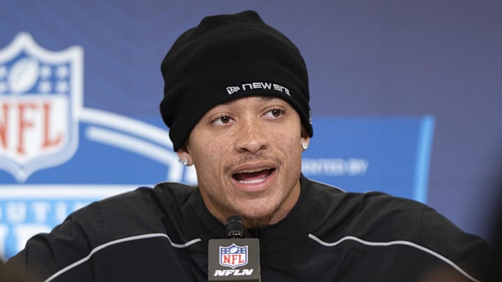 Former Clemson defensive back Avieon Terrell speaks to media members during the NFL Combine.