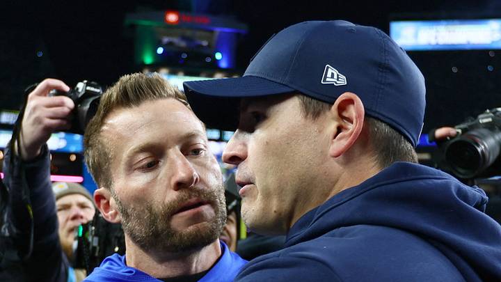 Seattle Seahawks head coach Mike Macdonald greets Los Angeles Rams head coach Sean McVay
