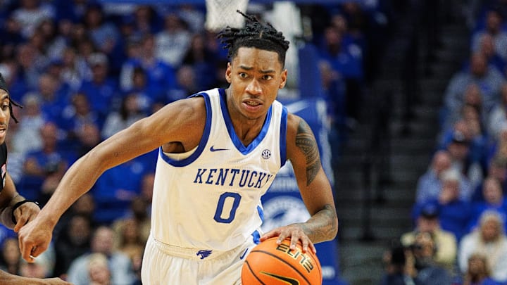 Mar 6, 2024; Lexington, Kentucky, USA; Kentucky Wildcats guard Rob Dillingham (0) drives to the basket during the second half against the Vanderbilt Commodores at Rupp Arena at Central Bank Center. Mandatory Credit: Jordan Prather-USA TODAY Sports Mar 6, 2024; Lexington, Kentucky, USA; Kentucky Wildcats guard Rob Dillingham (0) drives to the basket during the second half against the Vanderbilt Commodores at Rupp Arena at Central Bank Center. Mandatory Credit: Jordan Prather-USA TODAY Sports