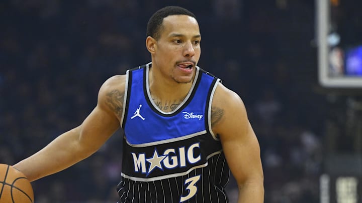 Jan 26, 2026; Cleveland, Ohio, USA; Orlando Magic guard Desmond Bane (3) dribbles the ball in the first quarter against the Cleveland Cavaliers at Rocket Arena. Mandatory Credit: David Richard-Imagn Images