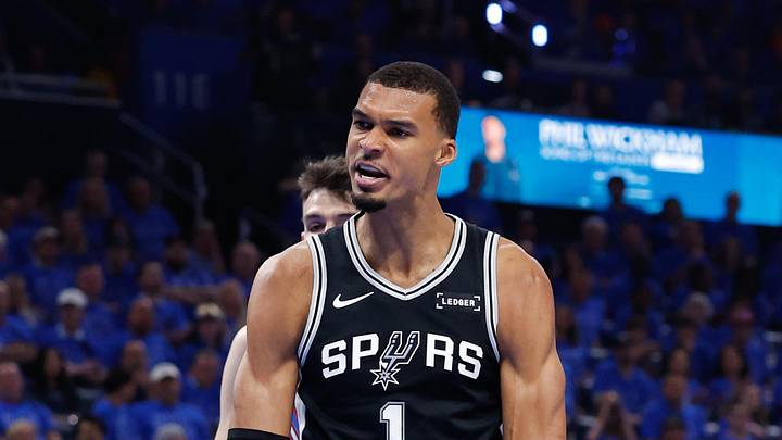 May 18, 2026; Oklahoma City, Oklahoma, USA; San Antonio Spurs center Victor Wembanyama (1) reacts after a dunk in the second quarter against the Oklahoma City Thunder during game one of the western conference finals for the 2026 NBA playoffs at Paycom Center. Mandatory Credit: Alonzo Adams-Imagn Images May 18, 2026; Oklahoma City, Oklahoma, USA; San Antonio Spurs center Victor Wembanyama (1) reacts after a dunk in the second quarter against the Oklahoma City Thunder during game one of the western conference finals for the 2026 NBA playoffs at Paycom Center. Mandatory Credit: Alonzo Adams-Imagn Images