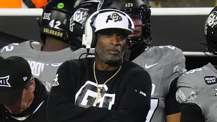 Nov 1, 2025; Boulder, Colorado, USA; Colorado Buffaloes head coach Deion Sanders on the sidelines in the second quarter against the Arizona Wildcats at Folsom Field. Mandatory Credit: Ron Chenoy-Imagn Images