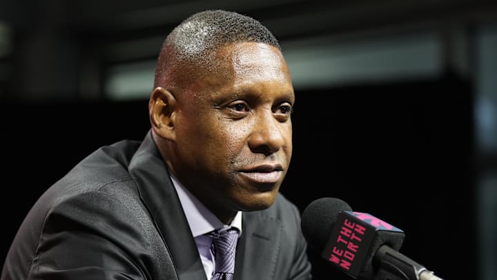 Sep 30, 2024; Toronto, Ontario, Canada; Toronto Raptors Vice-Chairman and Team President Masai Ujiri speaks to the media during media day at Scotiabank Area. Mandatory Credit: John E. Sokolowski-Imagn Images