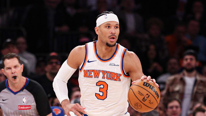 Mar 4, 2026; New York, New York, USA; New York Knicks guard Josh Hart (3) dribbles up court against the Oklahoma City Thunder during the second half at Madison Square Garden. Mandatory Credit: Vincent Carchietta-Imagn Images