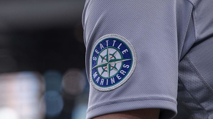 Jun 5, 2022; Arlington, Texas, USA; A view of the Seattle Mariners logo during the game between the Texas Rangers and the Seattle Mariners at Globe Life Field. Mandatory Credit: Jerome Miron-Imagn Images