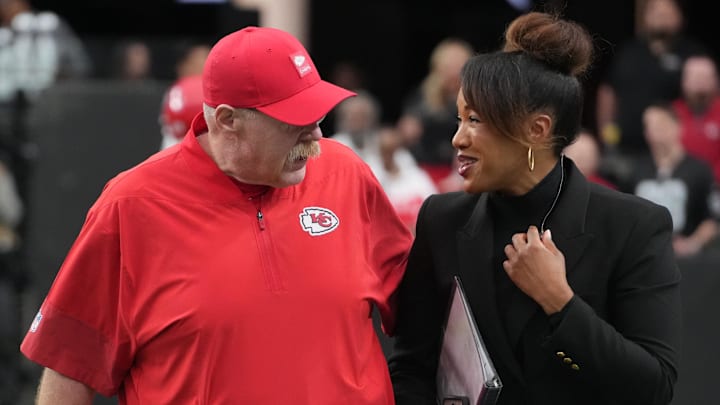 Jan 4, 2026; Paradise, Nevada, USA; Kansas City Chiefs head coach Andy Reid talks with CBS Sports reporter Tiffany Blackmon during the game against the Kansas City Chiefs at Allegiant Stadium. Mandatory Credit: Kirby Lee-Imagn Images