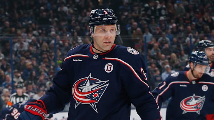 Apr 3, 2025; Columbus, Ohio, USA; Columbus Blue Jackets defenseman Jack Johnson (3) during the first period at Nationwide Arena. Mandatory Credit: Russell LaBounty-Imagn Images