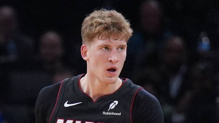 Miami Heat guard Kasparas Jakucionis (25) reacts after a play against the Boston Celtics in the first quarter at TD Garden on December 19, 2025.