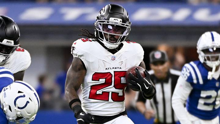 Atlanta Falcons running back Tyler Goodson runs past Indianapolis Colts linebacker CJ Allen at Lucas Oil Stadium. Atlanta Falcons running back Tyler Goodson runs past Indianapolis Colts linebacker CJ Allen at Lucas Oil Stadium.
