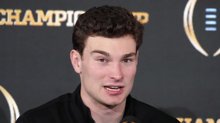 Jan 20, 2026; Miami, FL, USA; Indiana Hoosiers quarterback Fernando Mendoza during the CFP Champions press conference at Marriott Marquis Miami. Mandatory Credit: Kirby Lee-Imagn Images