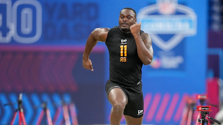 Feb 28, 2026; Indianapolis, IN, USA; Notre Dame running back Jeremiyah Love (RB11) during the NFL Scouting Combine at Lucas Oil Stadium. Mandatory Credit: Kirby Lee-Imagn Images